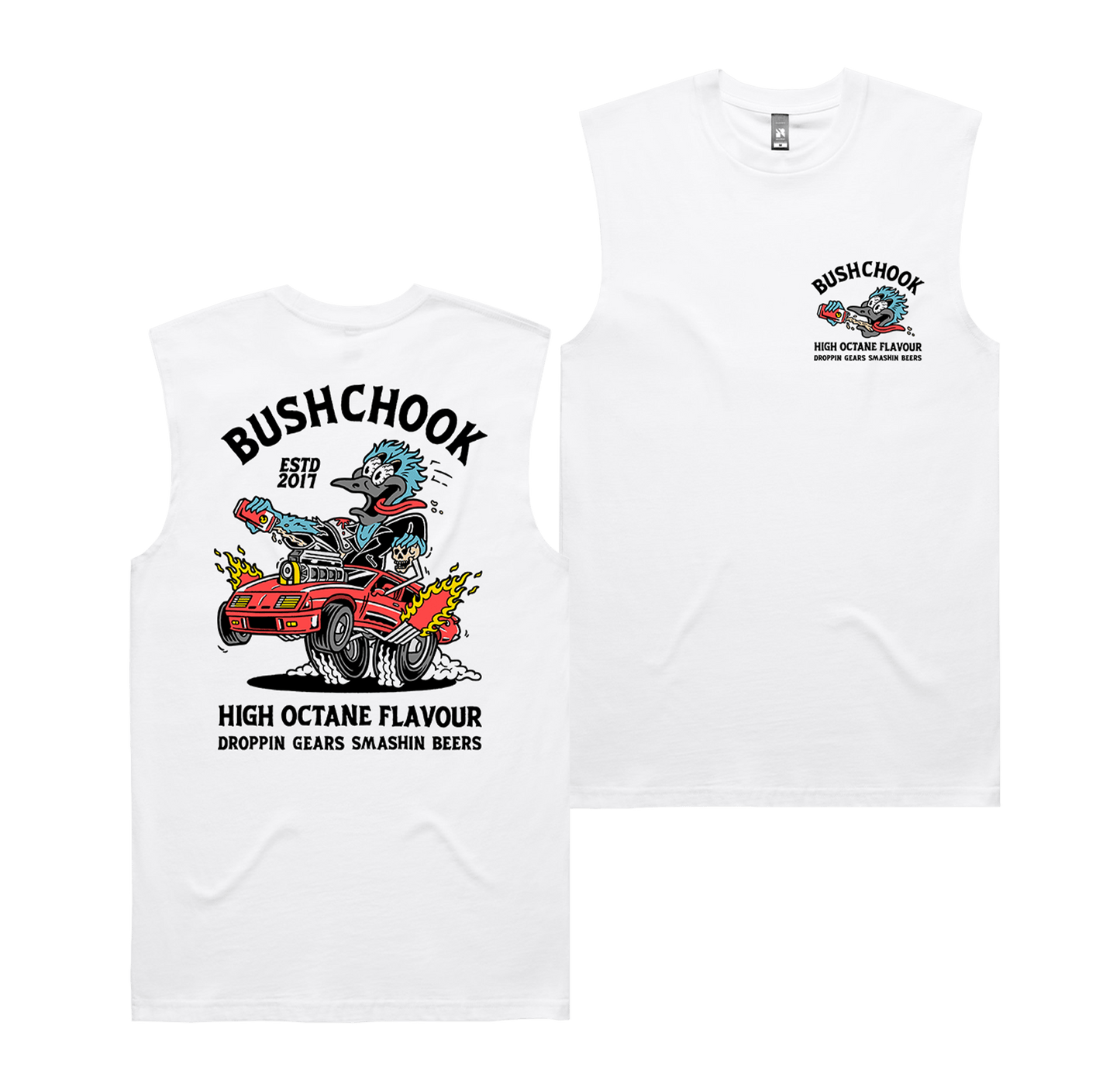 High Octane Muscle Tee White Muscle Tank Bush Chook