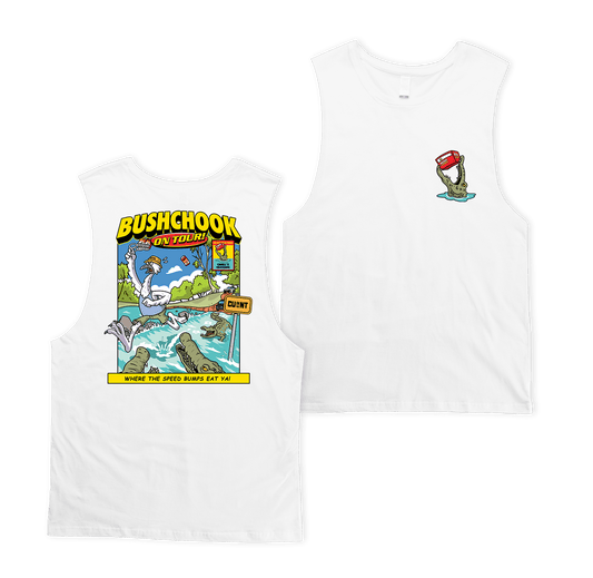 Chooks on Tour: Cahills Crossing Muscle Tee White Muscle Bush Chook