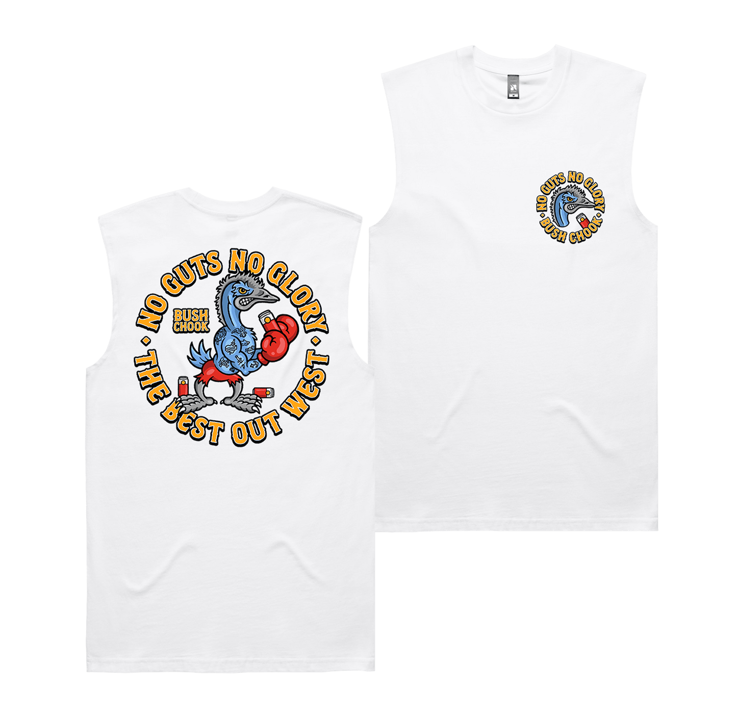 Glory Muscle Tee White Muscle Tank Bush Chook