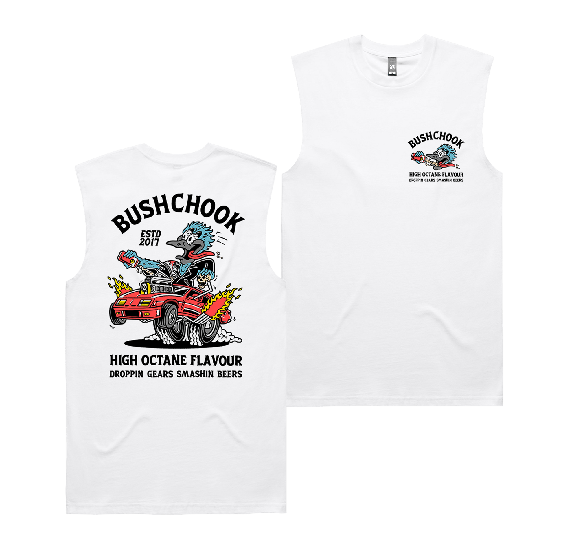 High Octane Muscle Tee White Muscle Tank Bush Chook