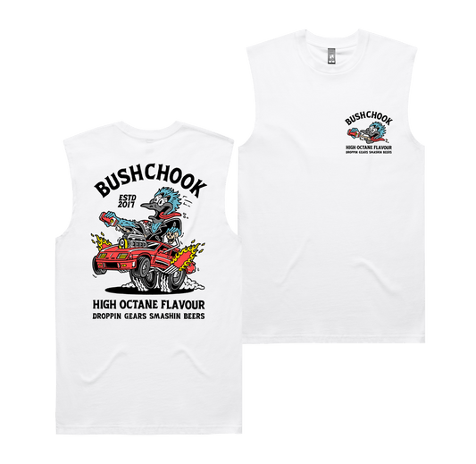 High Octane Muscle Tee White Muscle Tank Bush Chook
