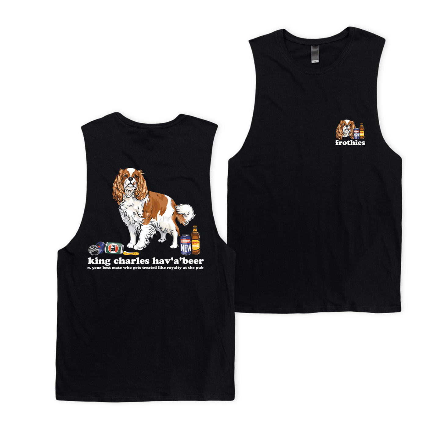 King Charles Hav'a'beer Muscle Tee Black Muscle Tanks Frothies