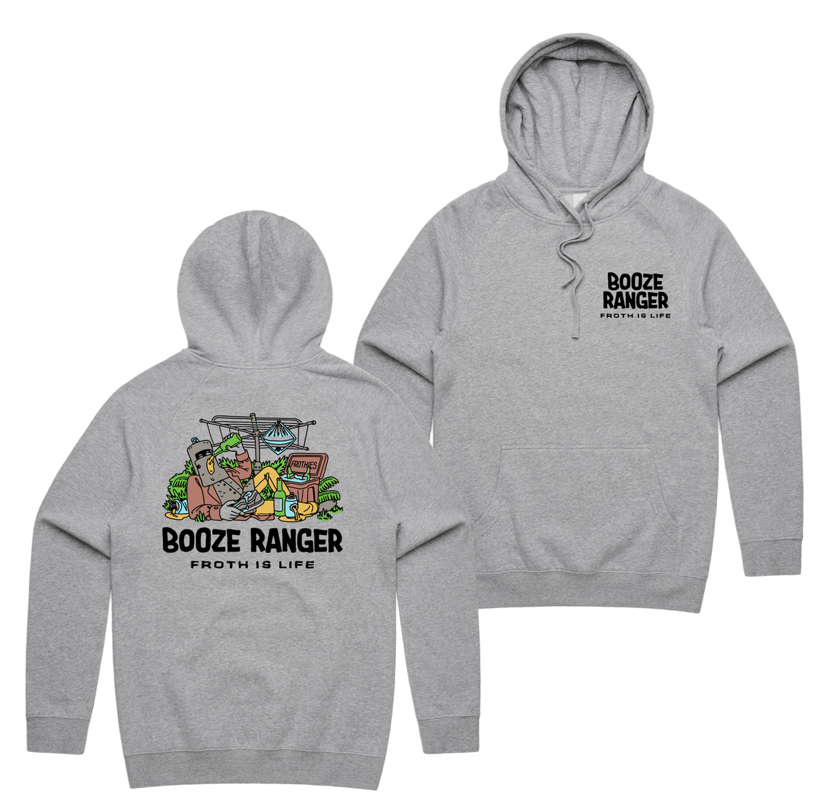 Booze Ranger Hoodie — Grey Marle front & back