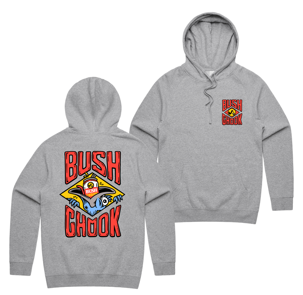 Stuffed Chook Hoodie — Grey Marle front & back