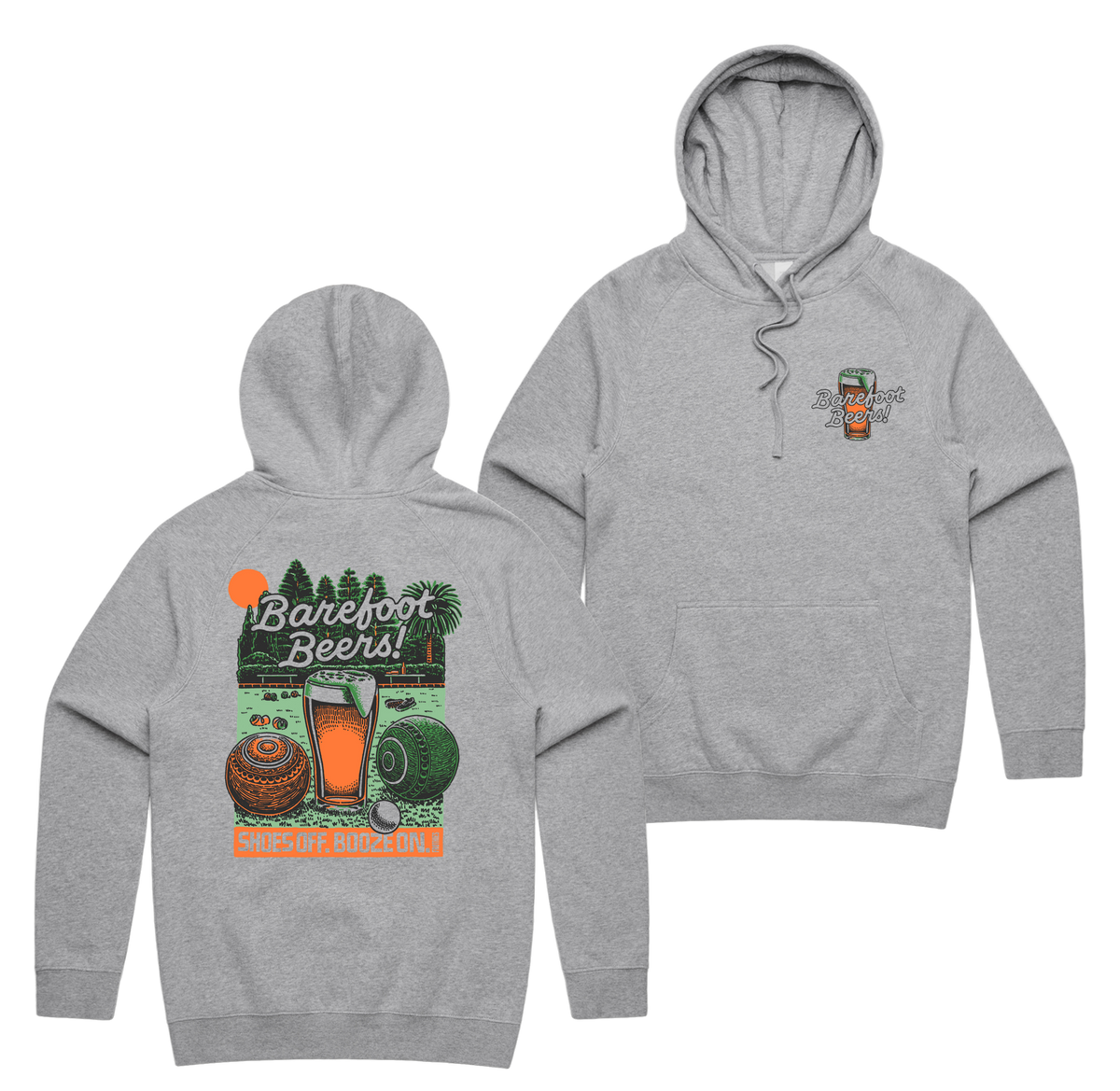 Barefoot Beers Hoodie — Grey Marle front & back