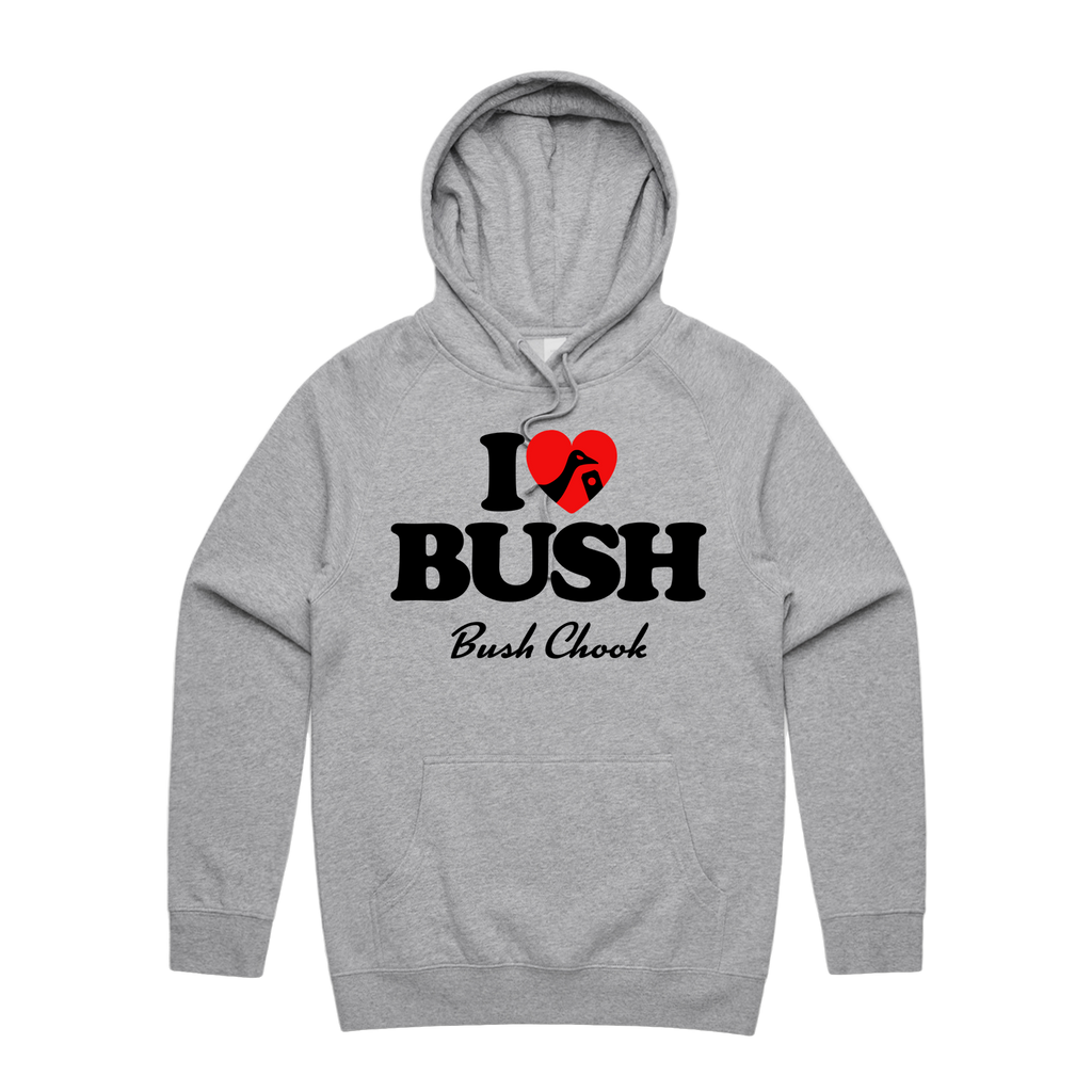 I Love Bush Hoodie — Grey Marle front