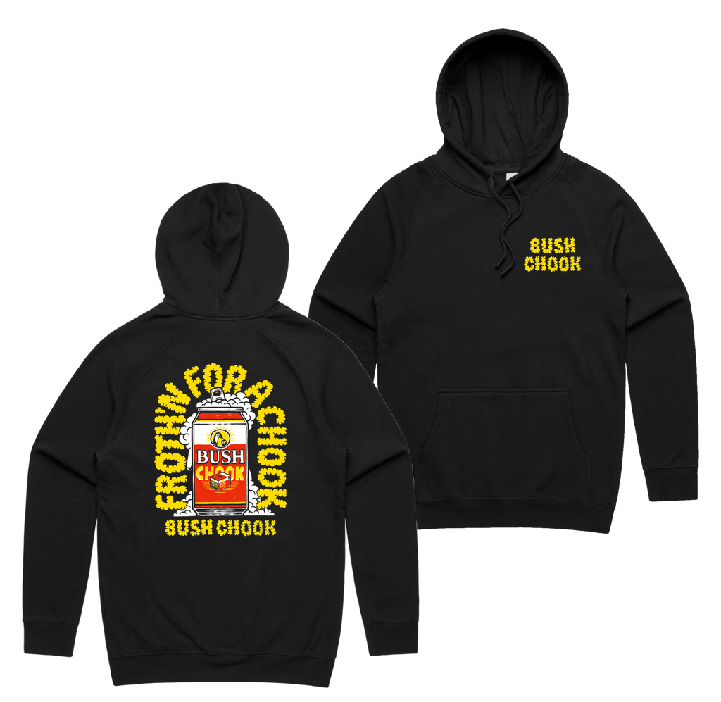Frothin Chooks Hoodie — Black front & back