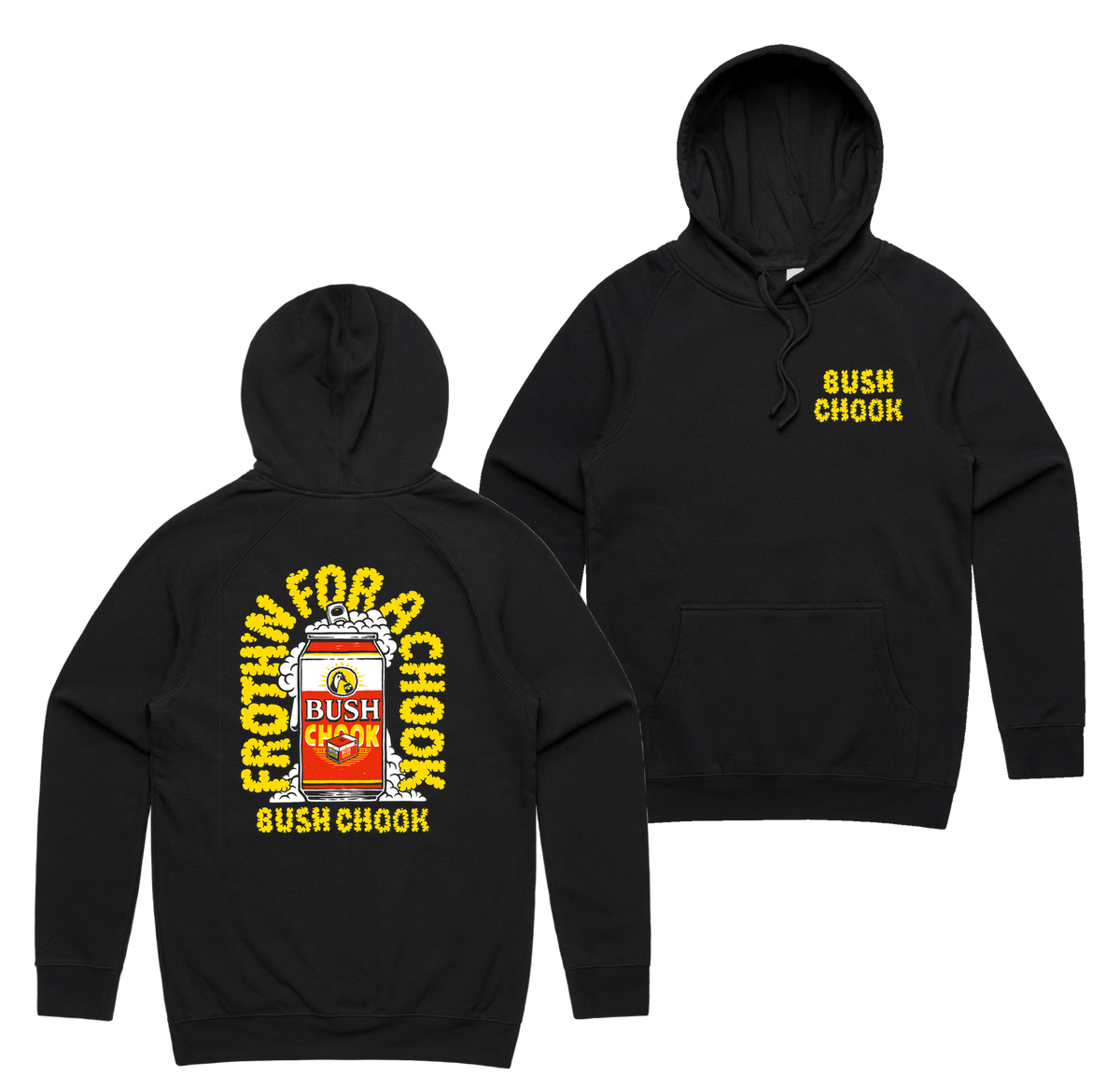 Frothin Chooks Hoodie — Black front & back