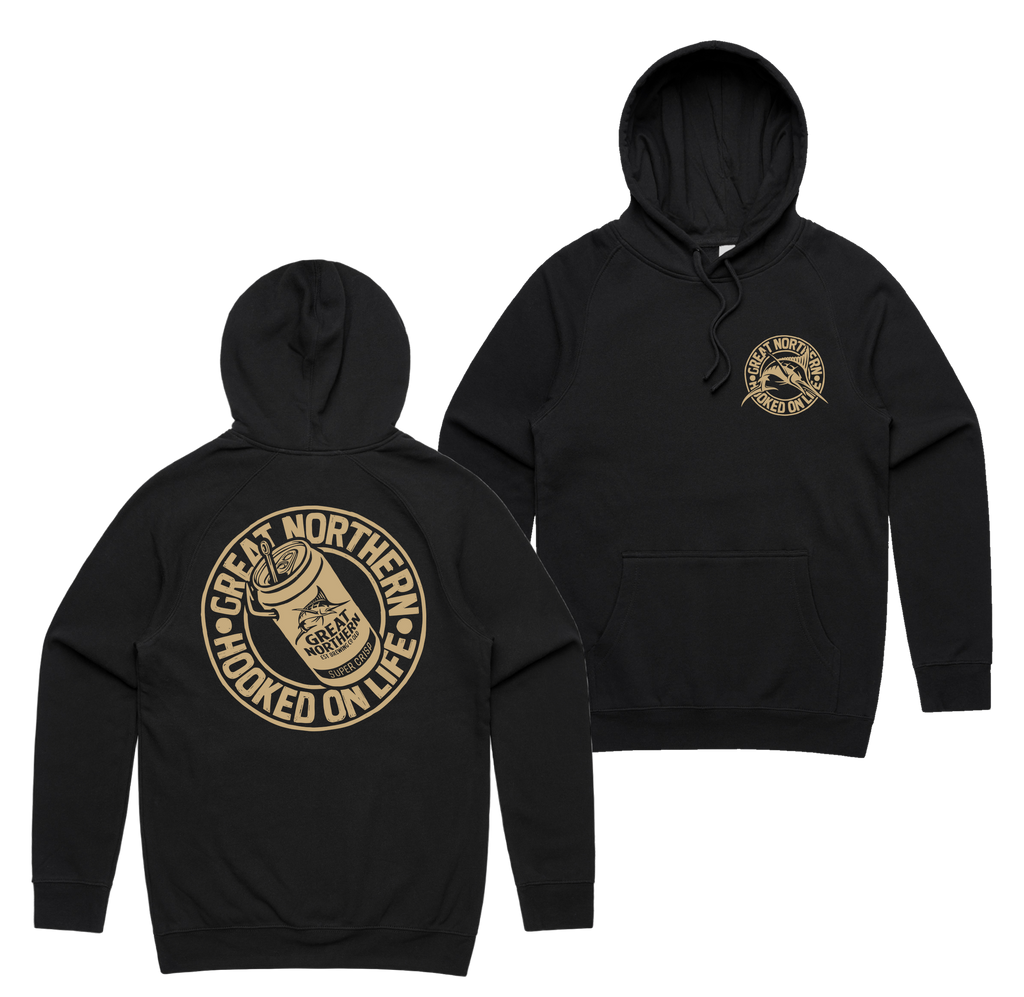 Hooked On Life Hoodie — Black front & back