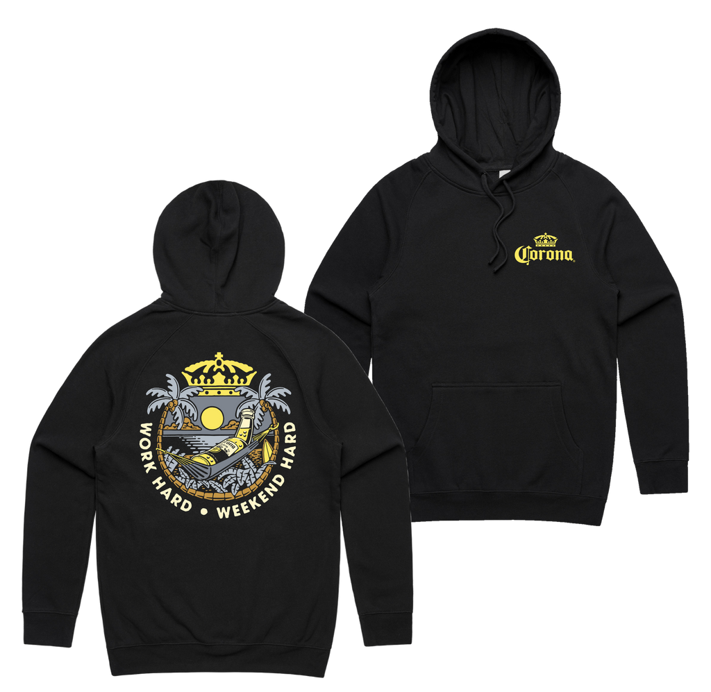 Weekend Hard Hoodie — Black front & back