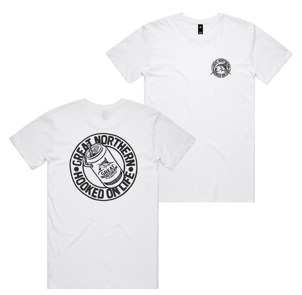 Hooked On Life Tee — White front & back
