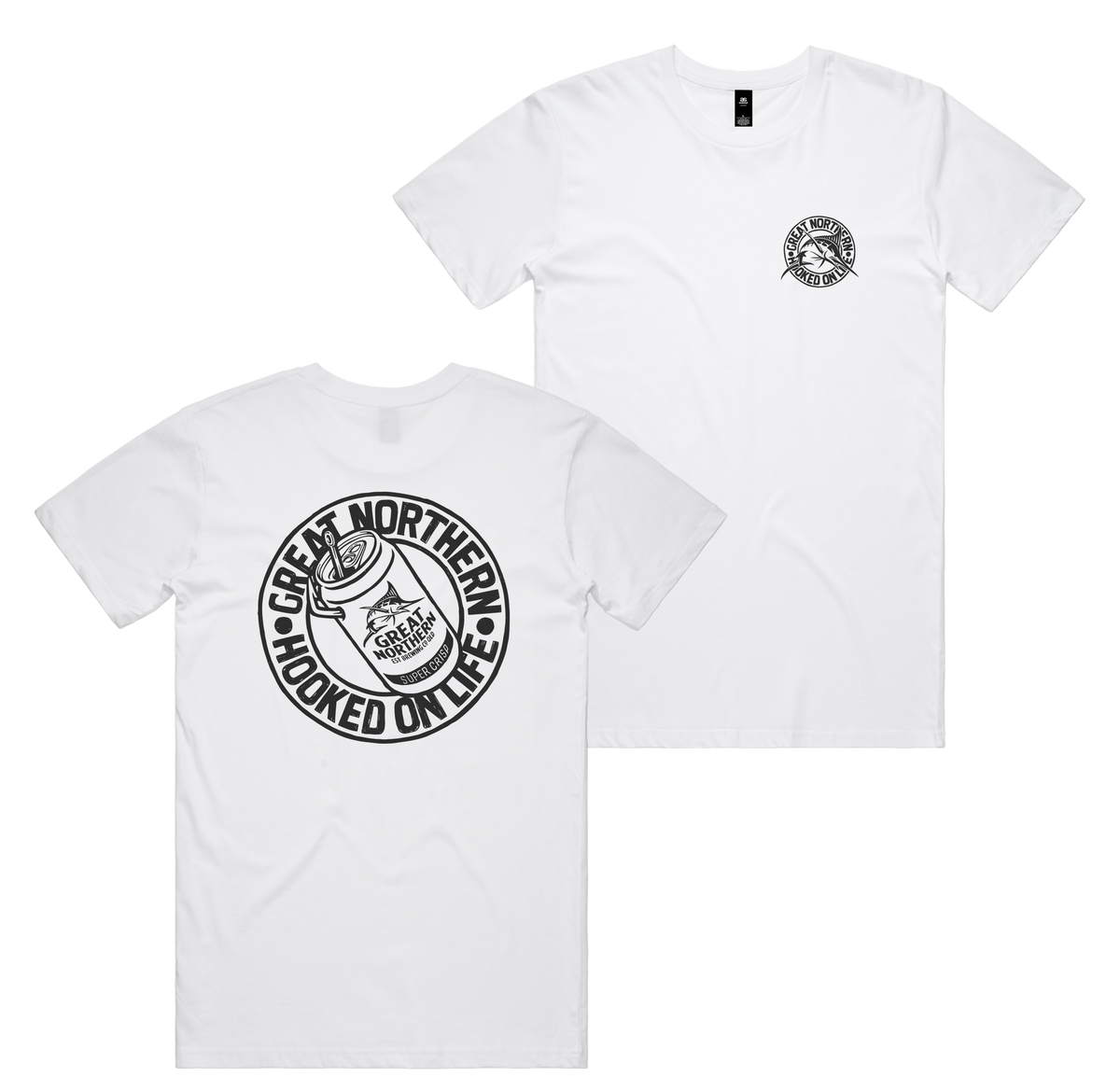 Hooked On Life Tee — White front & back