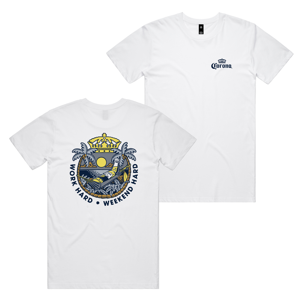 Weekend Hard Tee — White front & back