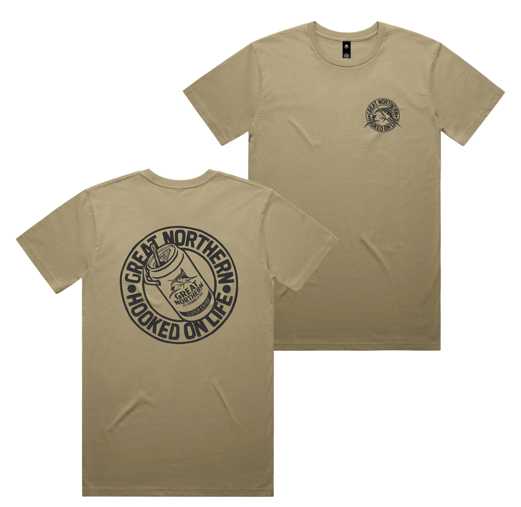 Hooked On Life Tee — Sand front & back