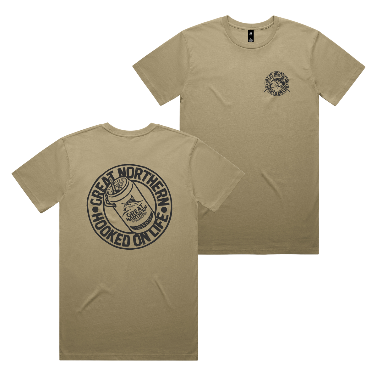 Hooked On Life Tee — Sand front & back