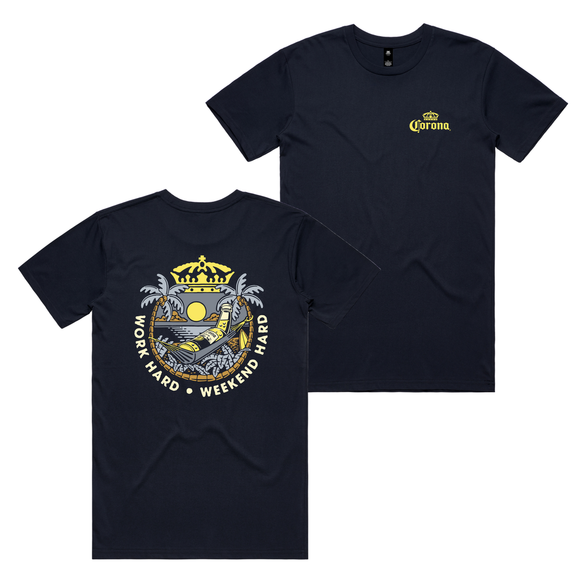 Weekend Hard Tee — Navy front & back