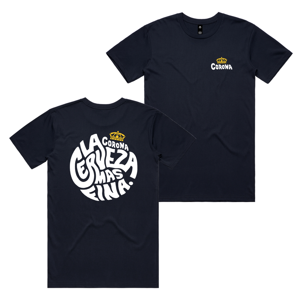 Cerveza Circle Tee — Navy front & back