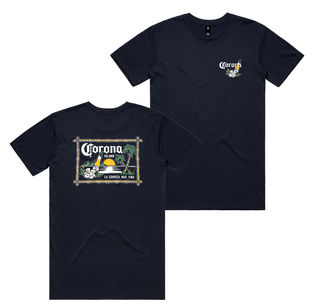 Corona Island Tee — Navy front & back
