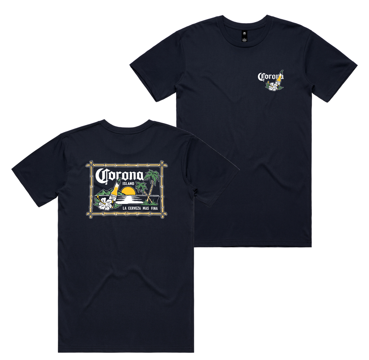 Corona Island Tee — Navy front & back