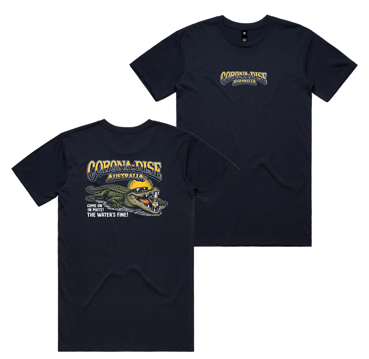 Corona Smile Tee — Navy front & back