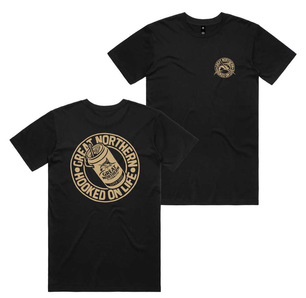 Hooked On Life Tee — Black front & back