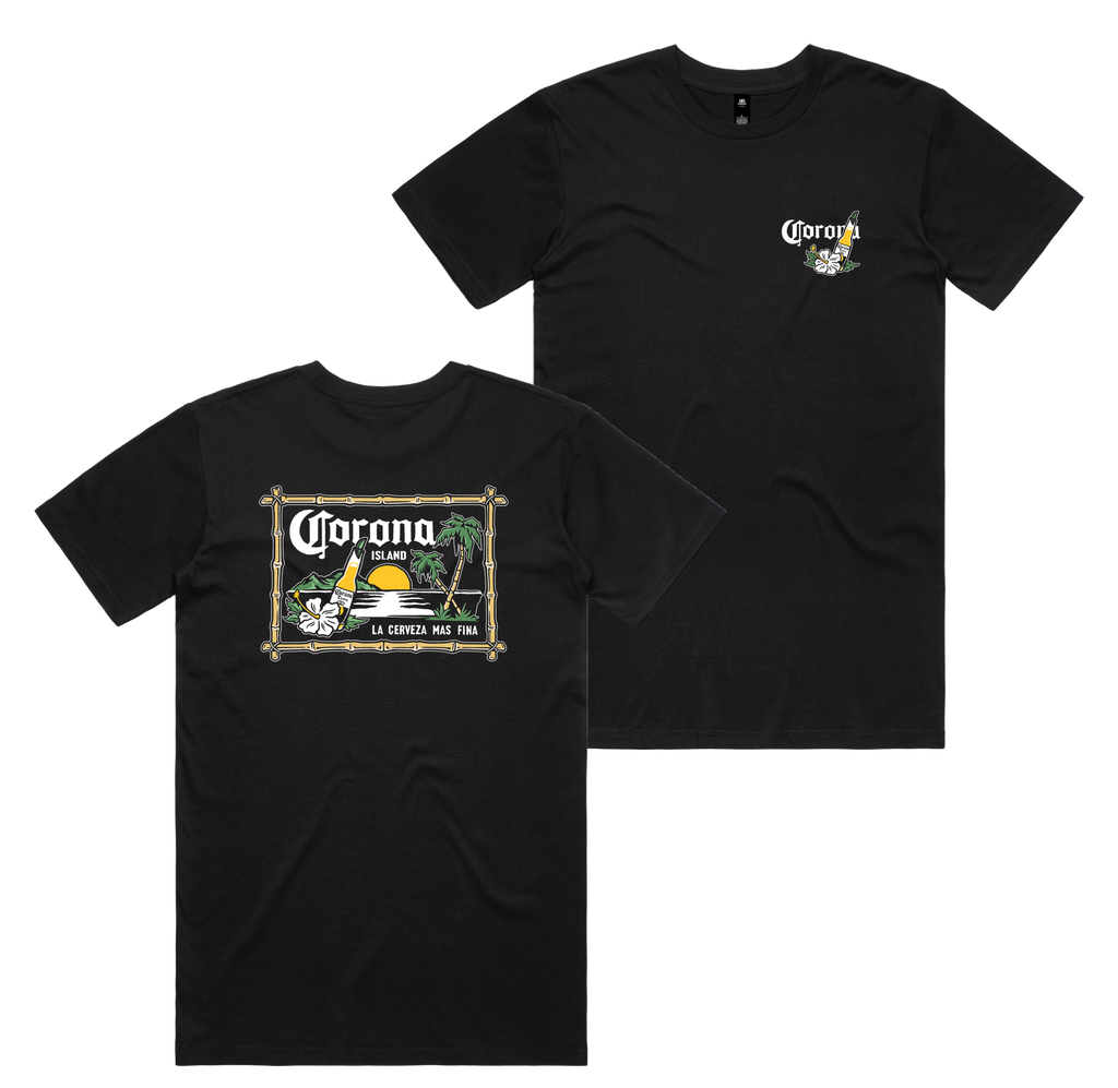 Corona Island Tee — Black front & back