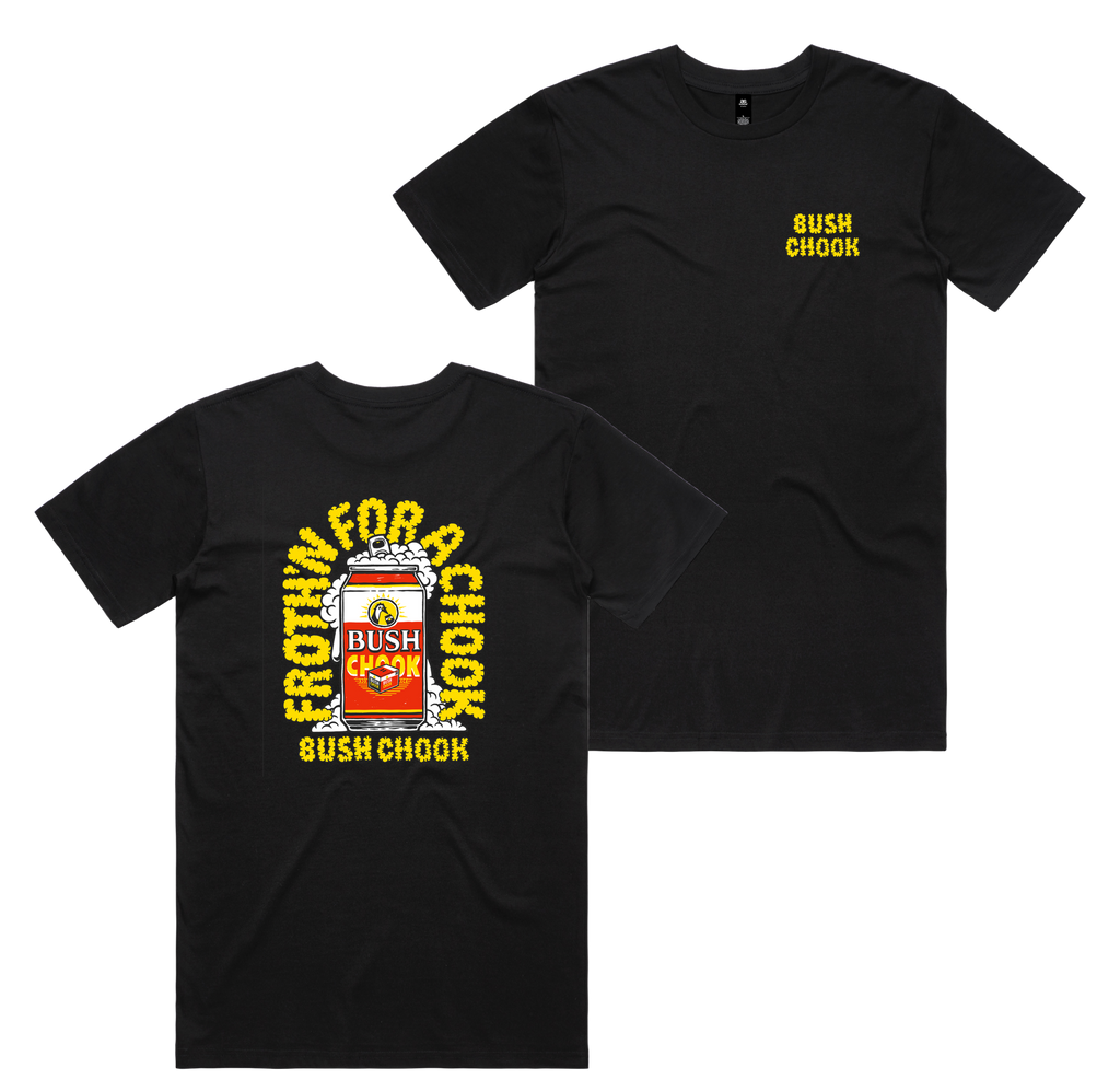 Frothin Chooks Tee — Black front & back